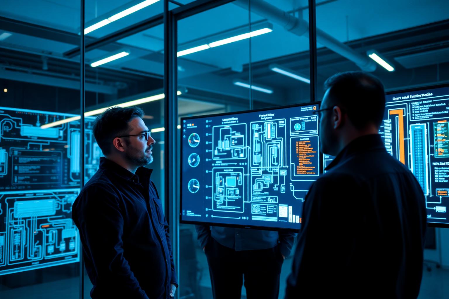 Engineers reviewing electrical and smart building system schematics